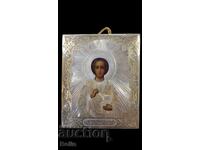 Rară icoană rusească țaristă din argint Sf. Pantelimon 84 pr. 1881