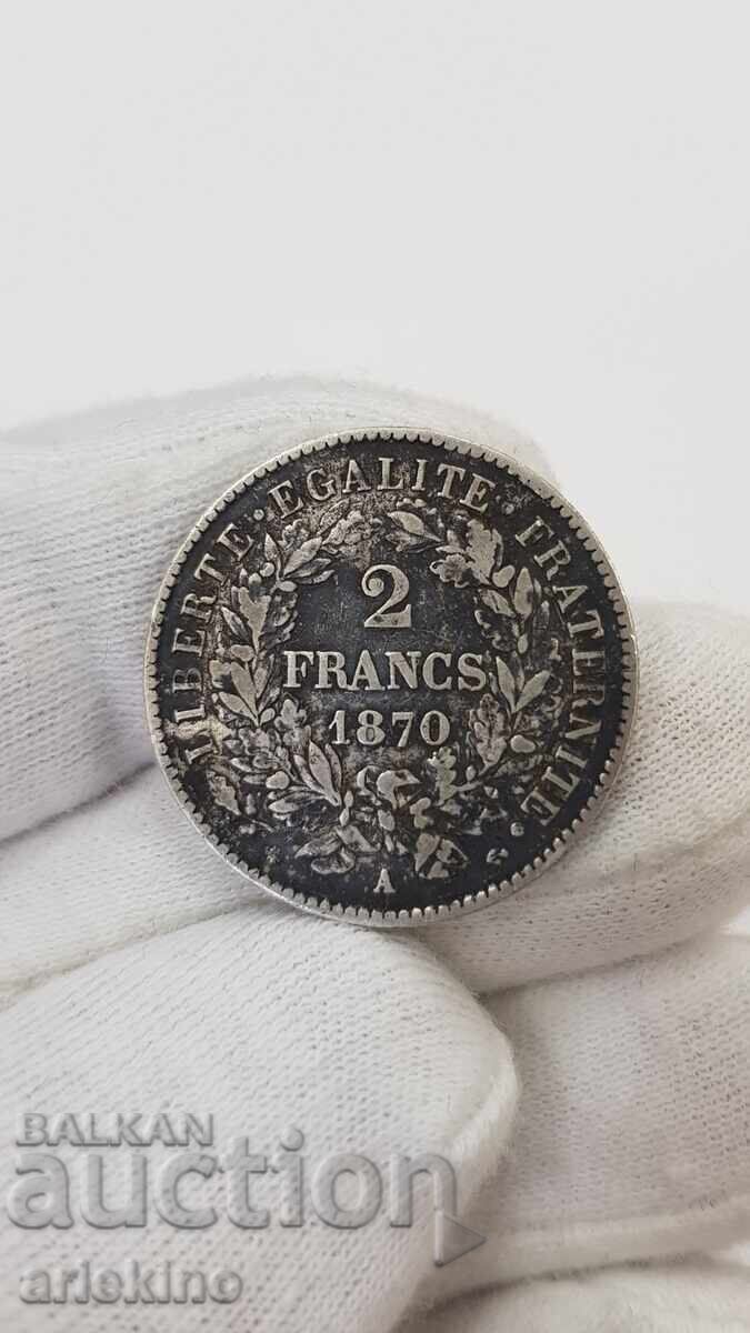 Rare French Silver Coin 2 Francs 1870 with price 68.00 BGN | € 34.77
