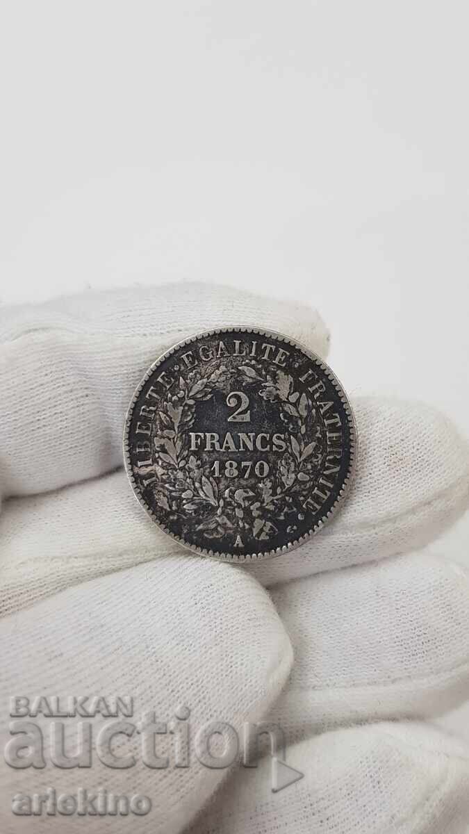 Rare French Silver Coin 2 Francs 1870 - 7