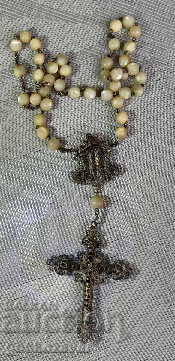 Доставка на Броеница ,Кръст Сребро,Филигран,Позлата, мида,перла,18-19век