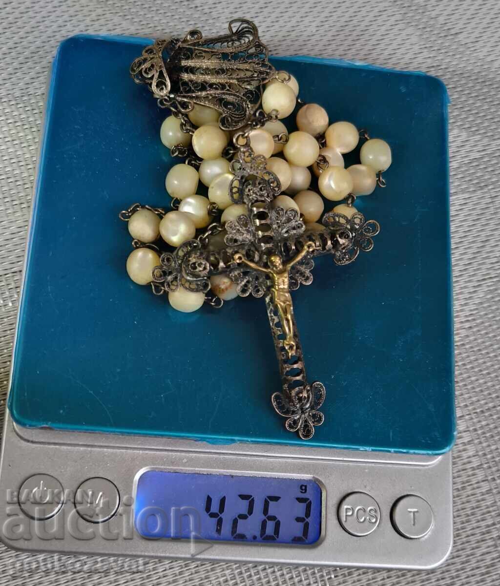 Броеница ,Кръст Сребро,Филигран,Позлата, мида,перла,18-19век - 6