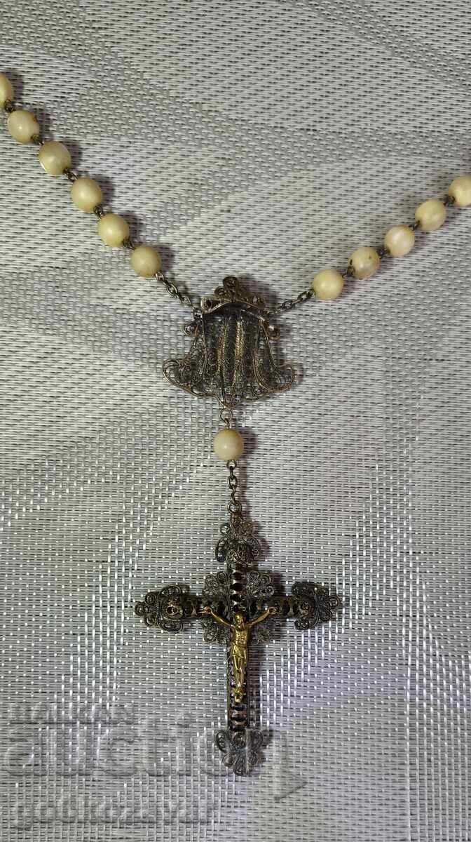 Броеница ,Кръст Сребро,Филигран,Позлата, мида,перла,18-19век - 7
