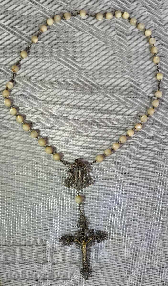 Броеница ,Кръст Сребро,Филигран,Позлата, мида,перла,18-19век