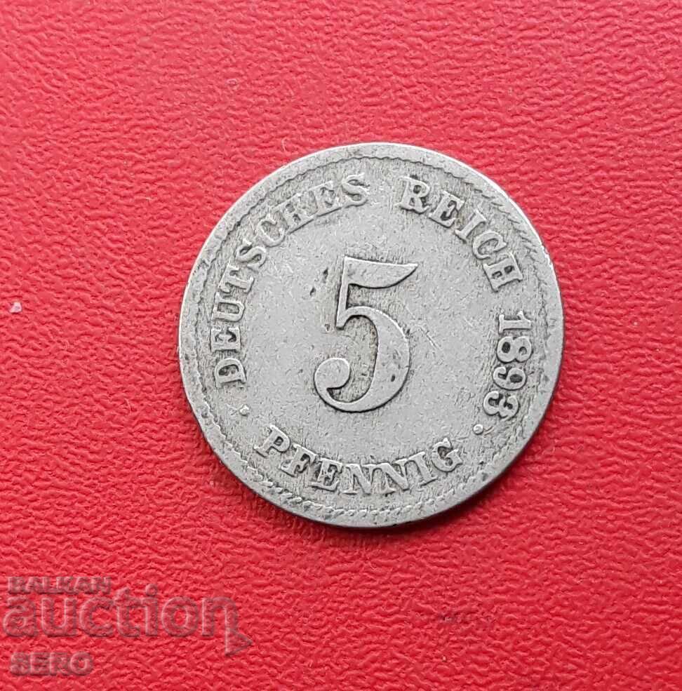 Германия-5 пфенига 1893 G-Карлсруе-малък тираж и рядка