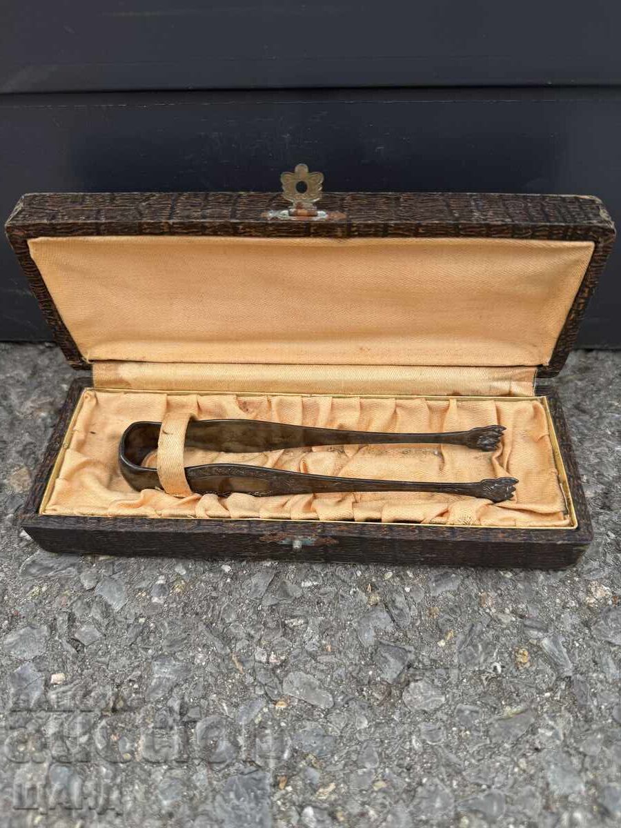 Old silver-plated ice tongs with a box Old silver-plated ice tongs with a box