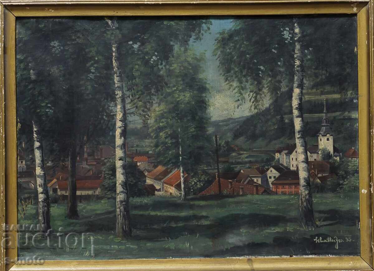 Auction  Old painting 1935 oil paints cityscape