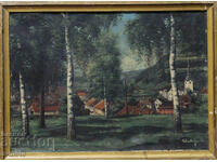 Tablou vechi din 1935, ulei pe pânză, peisaj urban