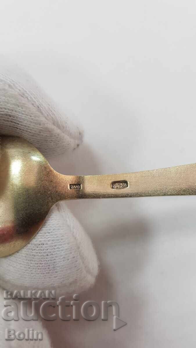 Silver Russian - USSR spoon, spoon with gilding and enamel 916 assay - 6