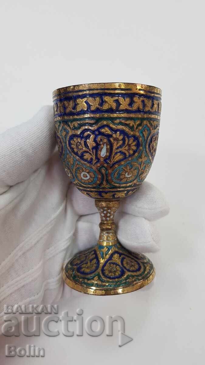 Rare Turkish-Ottoman gilded cup with enamel - Tombac, bronze