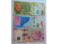 Trei bancnote din Argentina 100 pesos, 200 pesos, 500 pesos