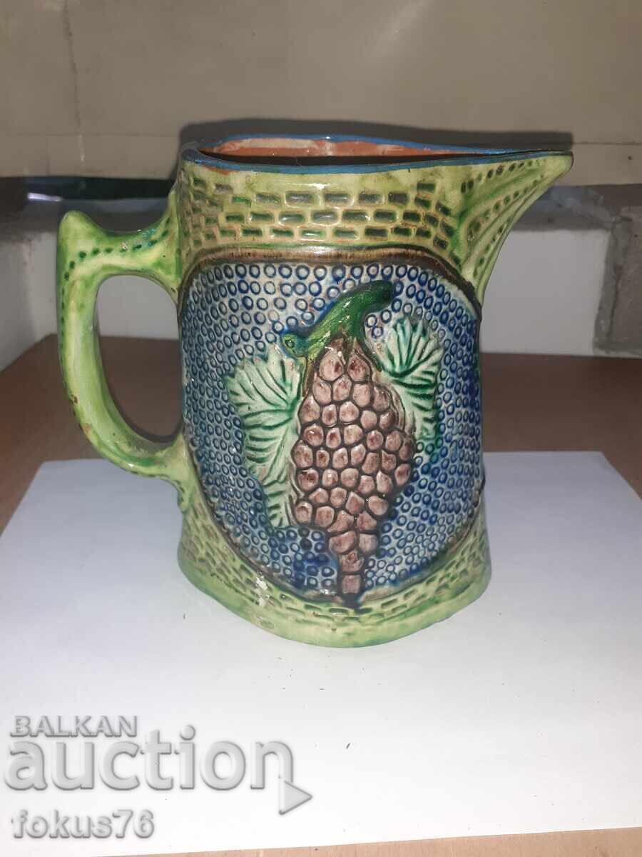 Old relief glazed pitcher for wine, Troyan ceramics
