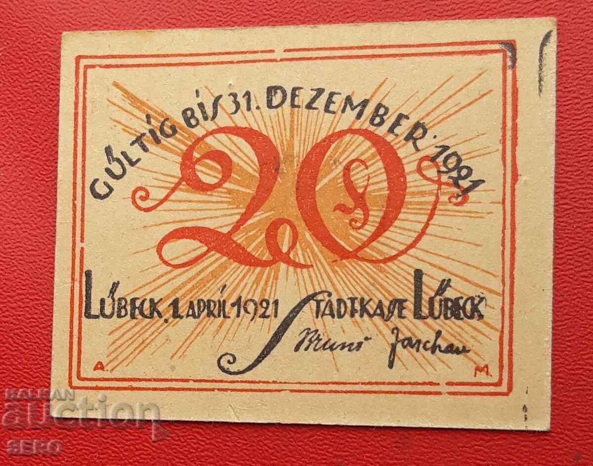 Banknote-Germany-Schleswig-Holstein-Lübeck-20 pfennig 1921 with price 2.00 BGN | € 1.02