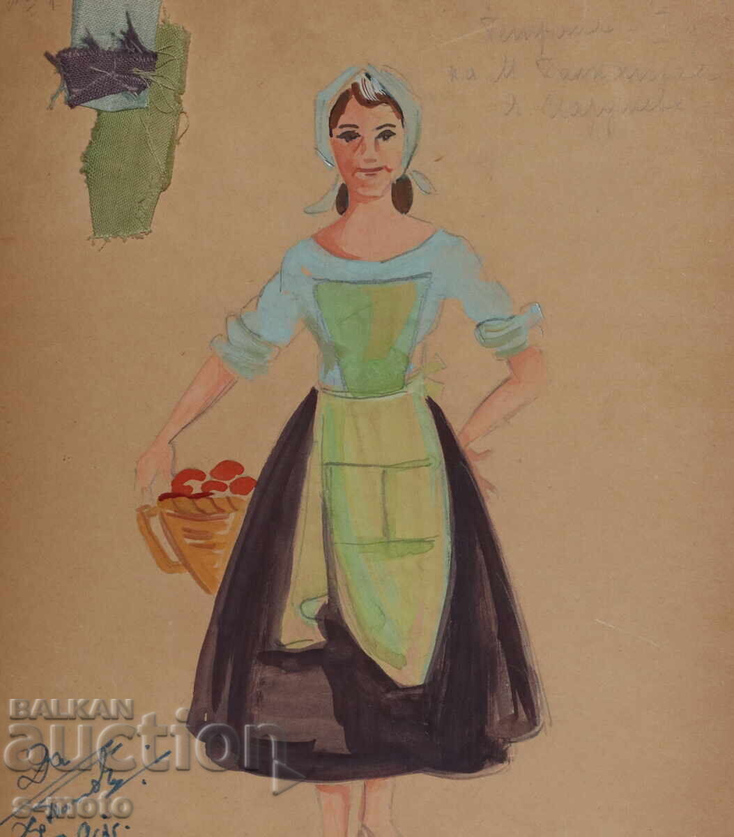 Tablou guaș scenografie, femeie cu coș 1961 - 5