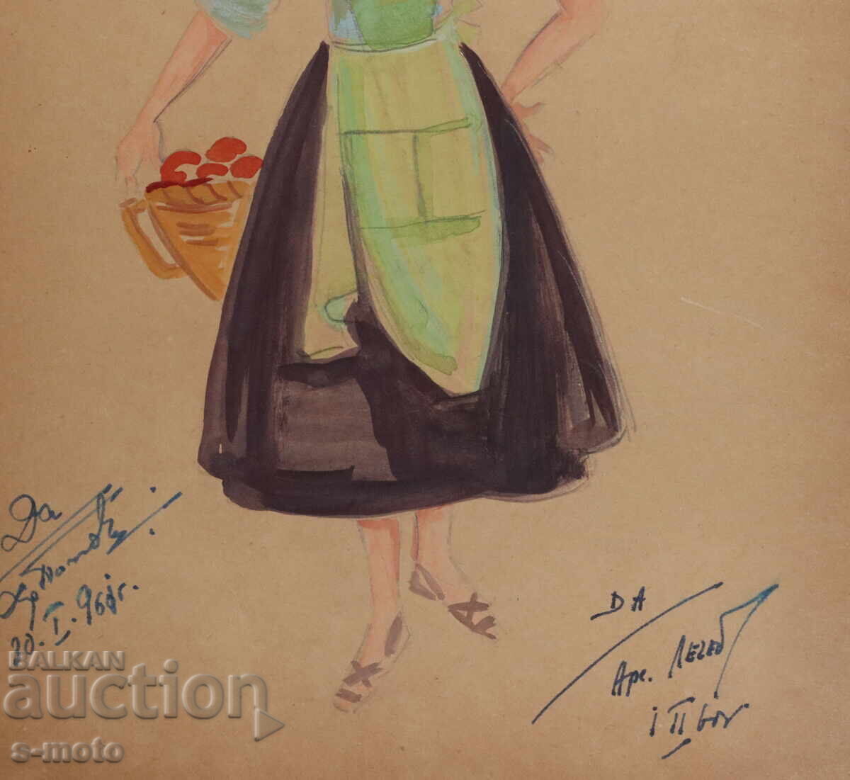 Tablou guaș scenografie, femeie cu coș 1961 - 6