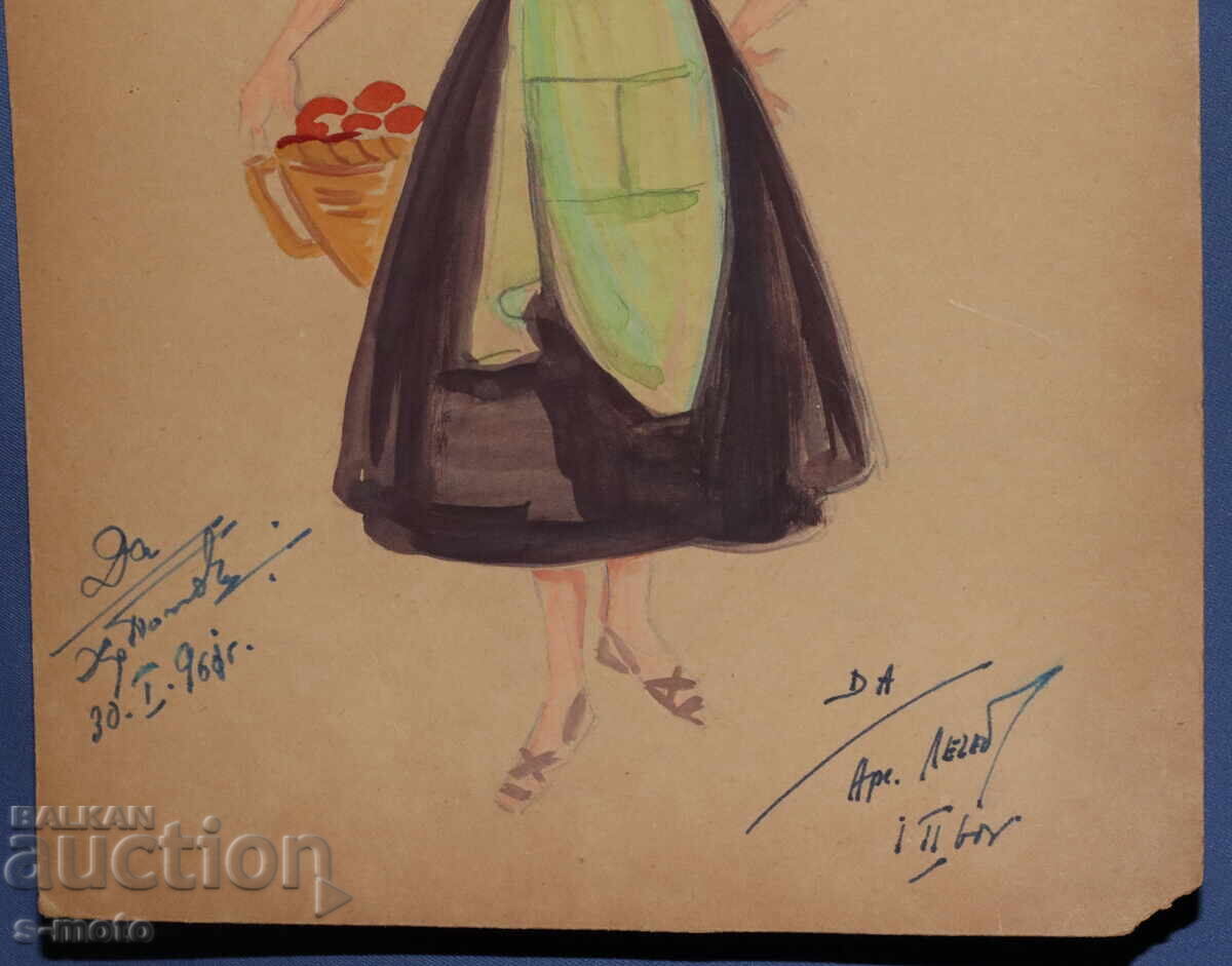 Tablou guaș scenografie, femeie cu coș 1961 - 7