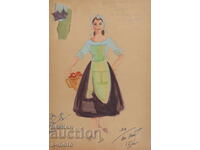 Картина гваш сценография, жена с кошница 1961г.