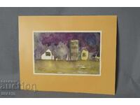 Pictură veche de maestru, acuarelă, peisaj