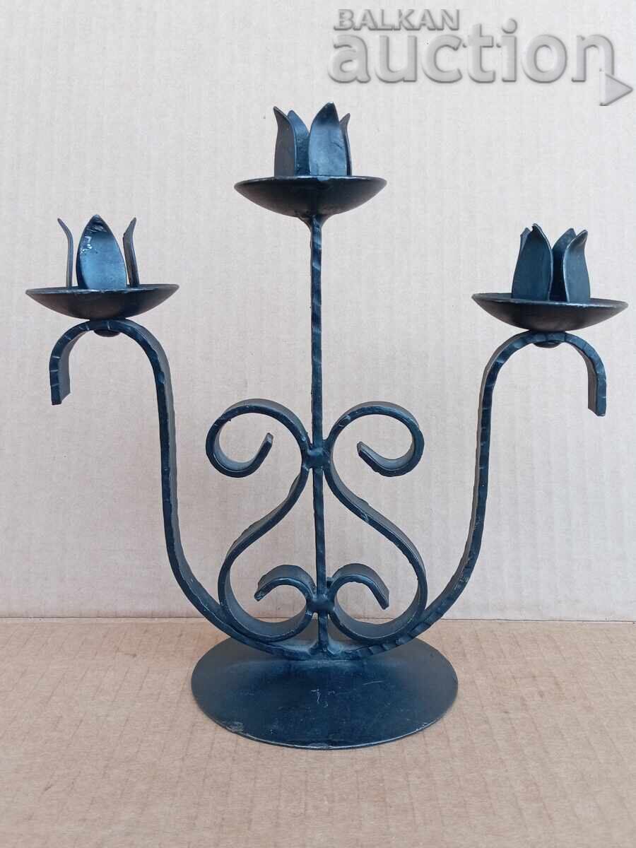 Auction  Antique iron handmade candlestick lamp trio