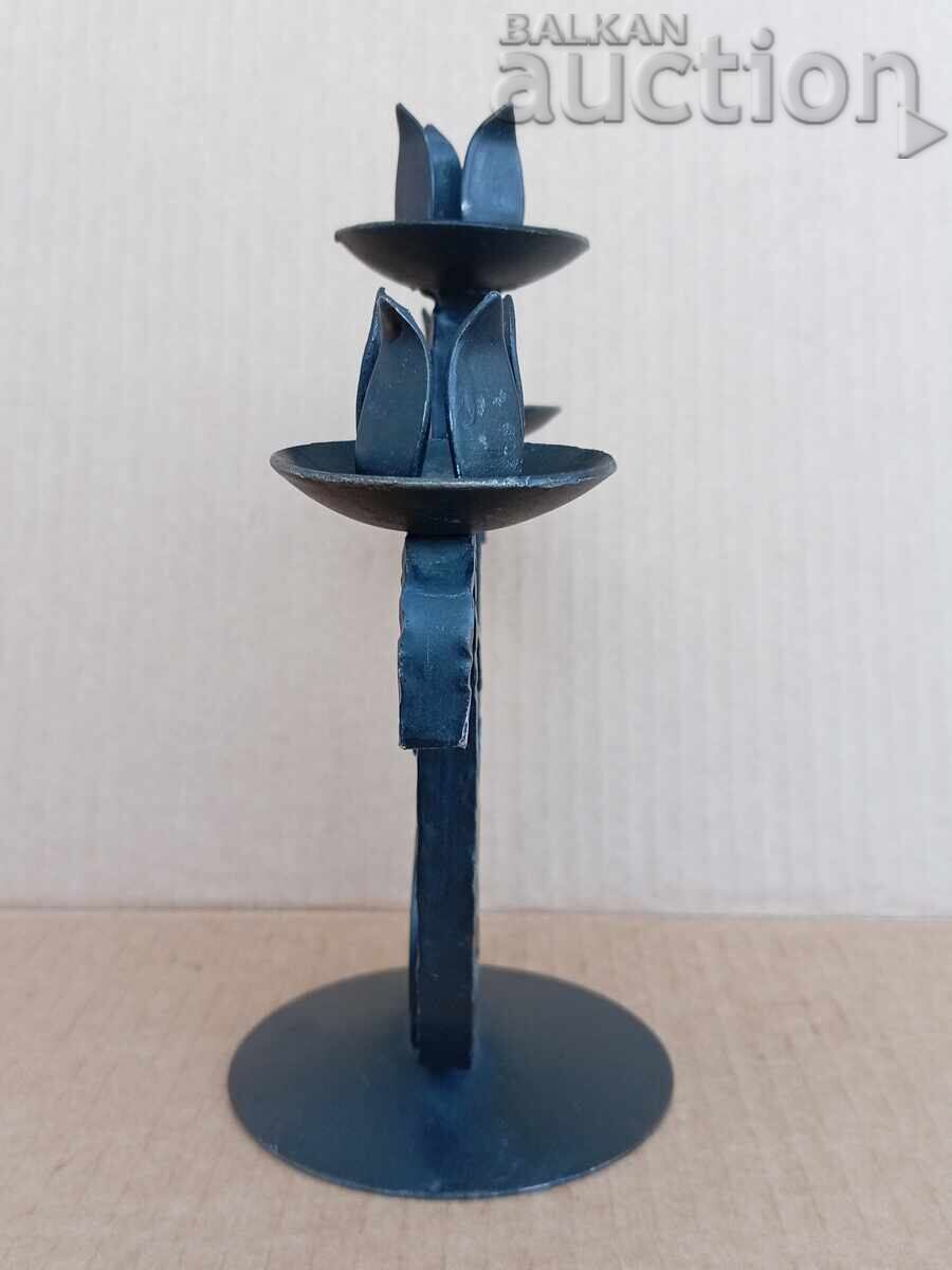 Antique iron handmade candlestick lamp trio - 5