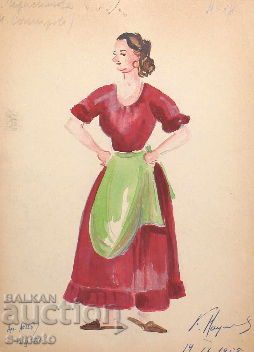 Gouache painting, stage design, ballet, costume design project, 1958