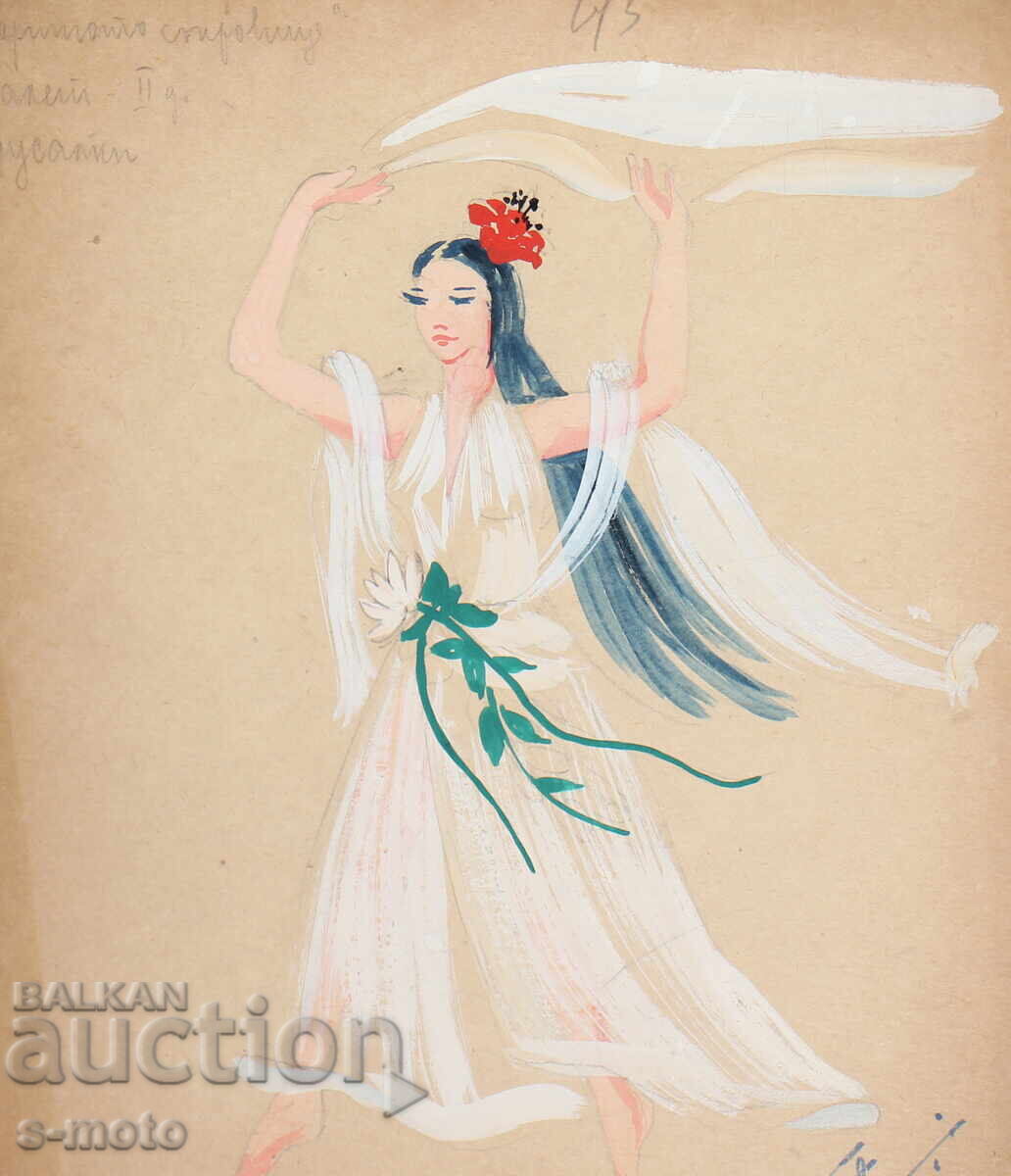 Delivery of Gouache painting, stage design, ballet, costume design project, 1961