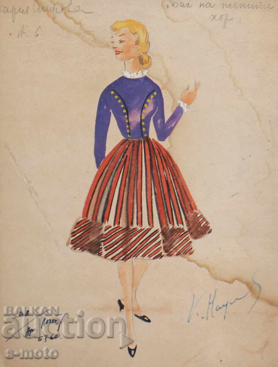 Tablou guașă scenografie, balet, proiect pentru costume 1960