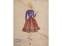 Tablou guașă scenografie, balet, proiect pentru costume 1960