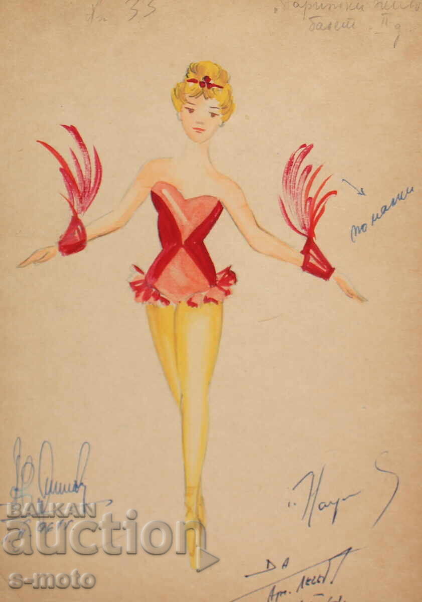 Pictură guașă scenografie, balet, proiect de costume 1961 cu preț 100.00 BGN | € 51.13