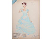 Pictură guașă scenografie, balet, proiect de costume 1954