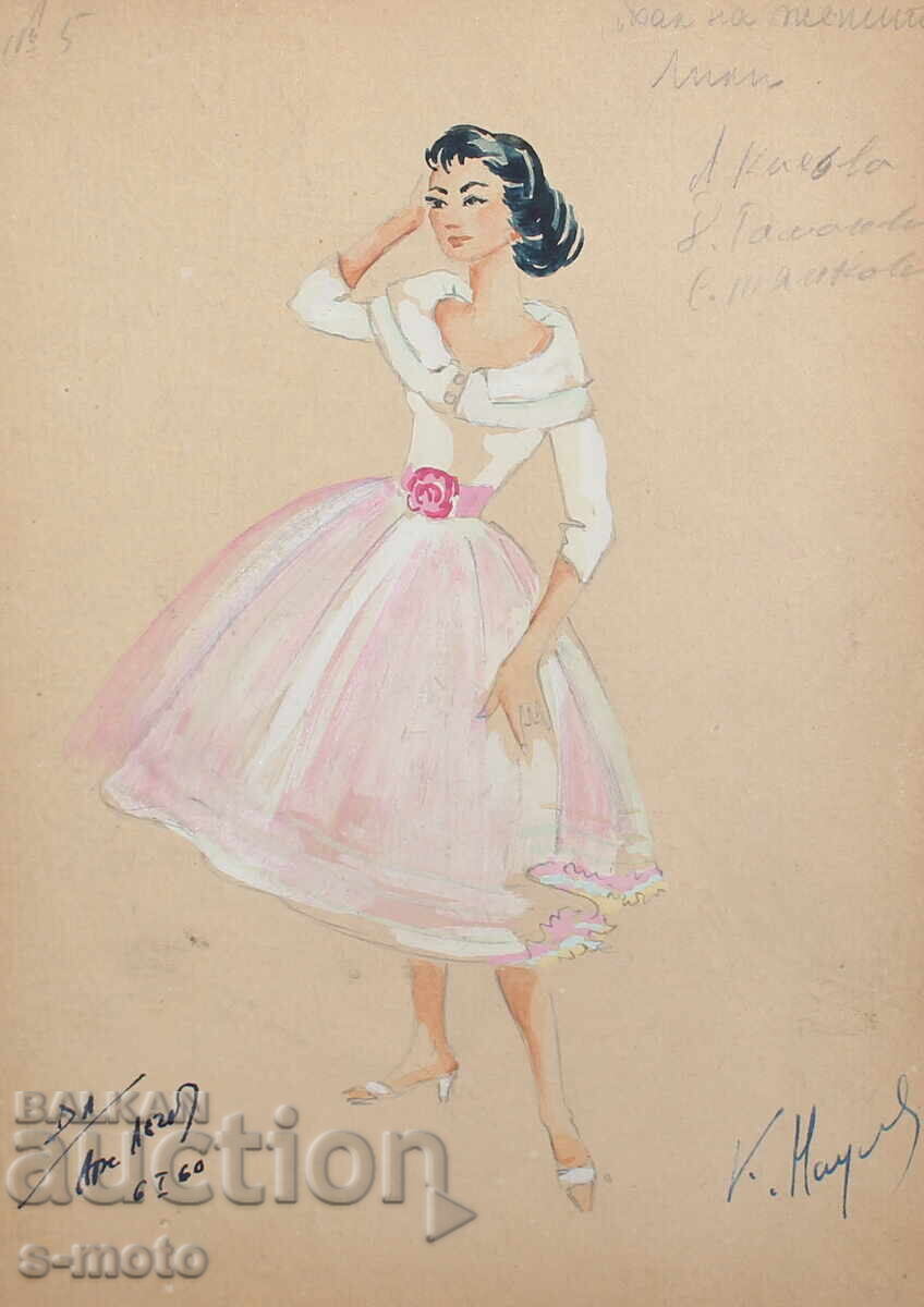 Licitație Tablou guașă scenografie, balet, proiect pentru costume 1960 Licitație Tablou guașă scenografie, balet, proiect pentru costume 1960