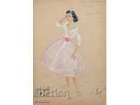 Tablou guașă scenografie, balet, proiect pentru costume 1960