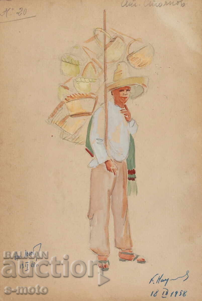 Gouache painting, stage design, ballet, costume design project, 1958