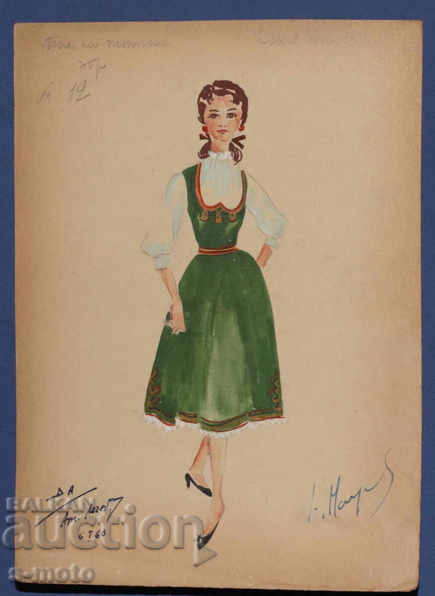 Gouache painting, stage design, ballet, costume design project, 1960 with price 100.00 BGN | € 51.13