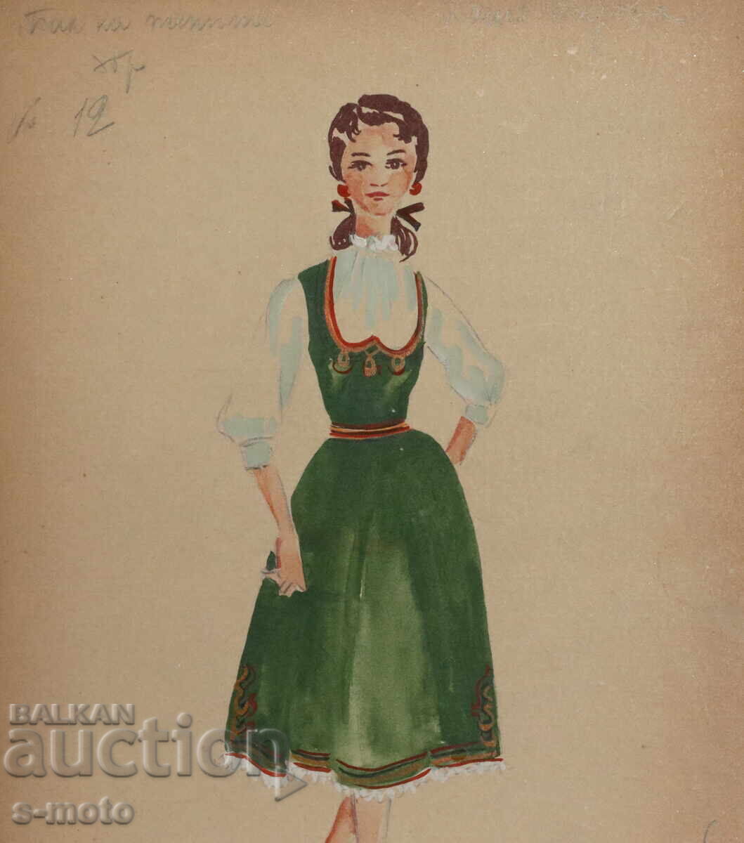 Gouache painting, stage design, ballet, costume design project, 1960 - 5