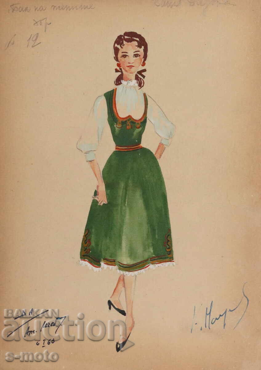 Gouache painting, stage design, ballet, costume design project, 1960