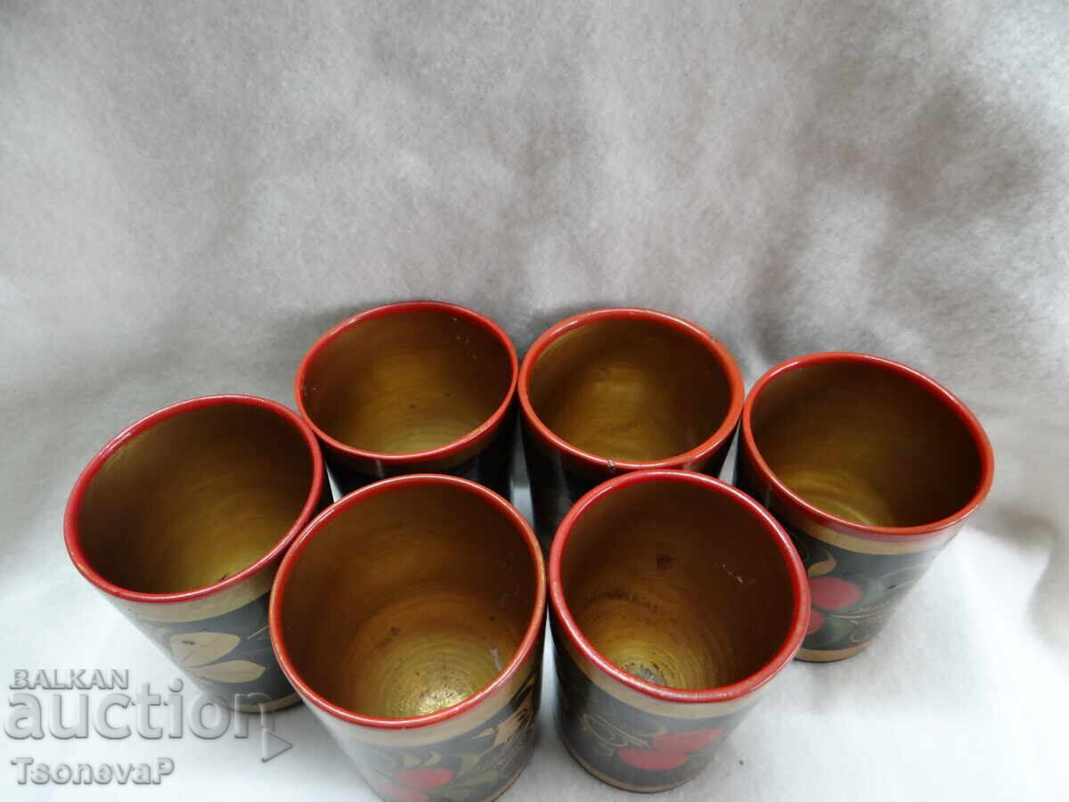 Auction Wooden Russian Cups, Khokhloma Auction Wooden Russian Cups, Khokhloma