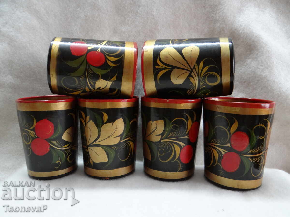 Wooden Russian Cups, Khokhloma Wooden Russian Cups, Khokhloma