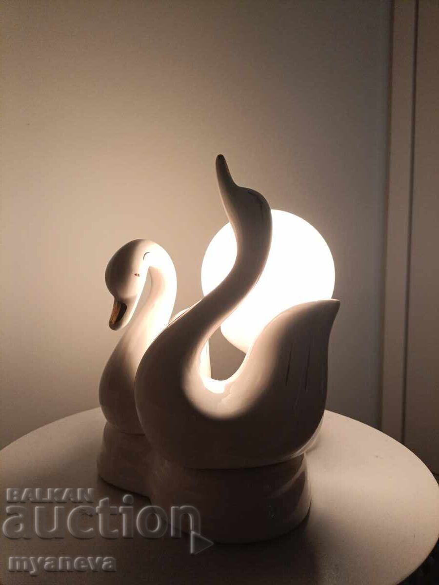 Porcelain, old table lamp with loving swans from the Socialist era