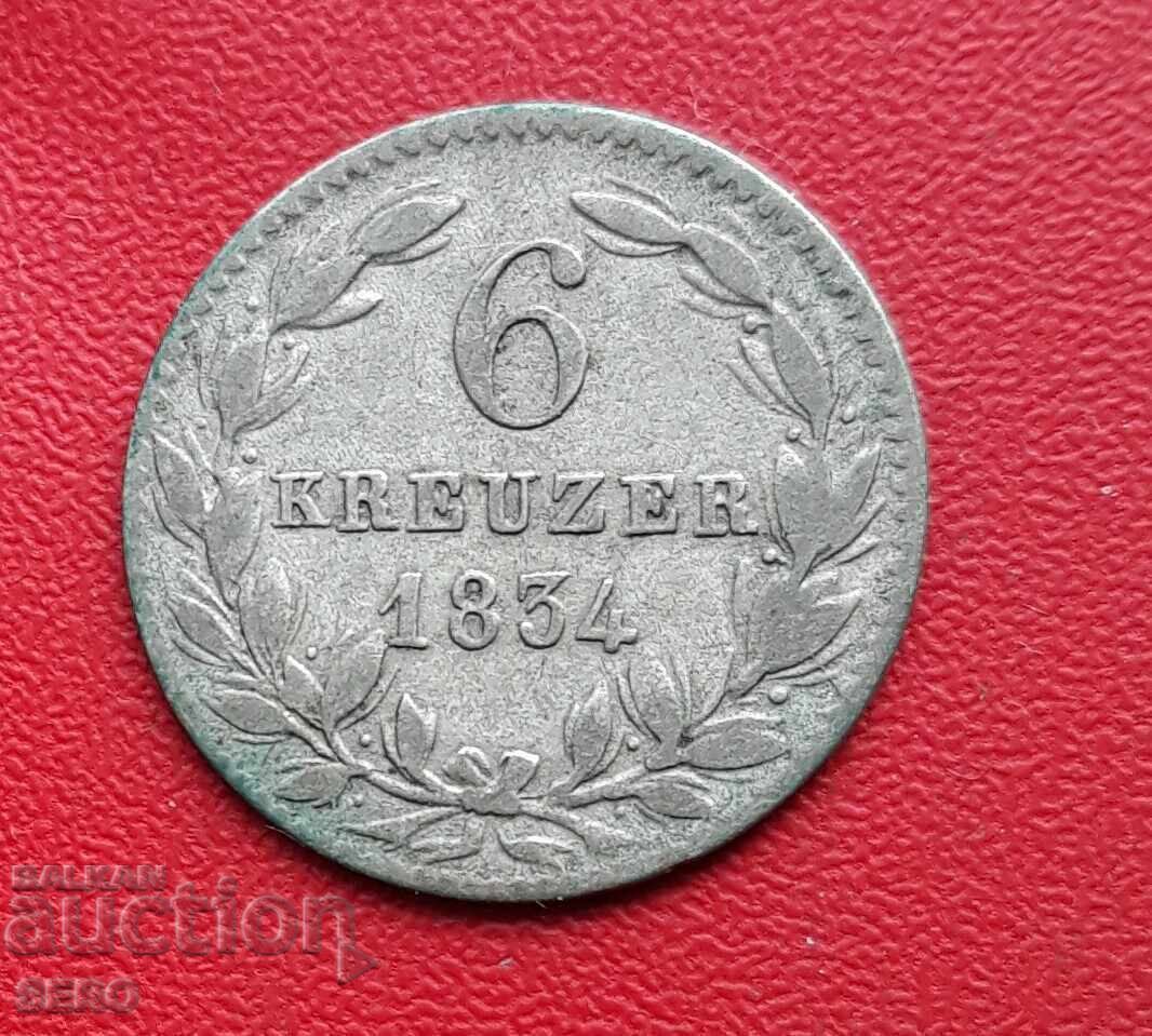 Germania-Nassau-6 Kreuzer 1834-rar