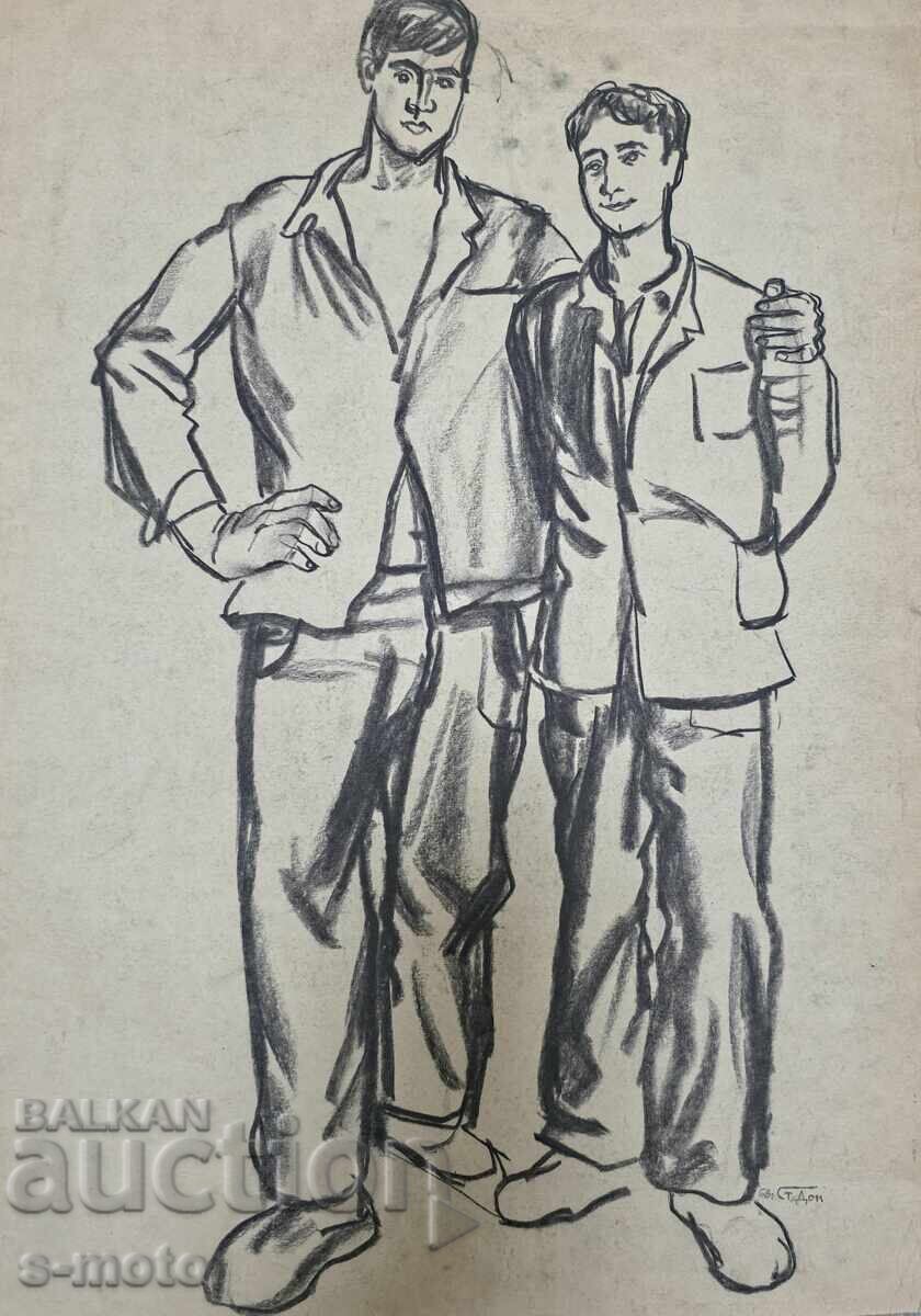 Stoian Domusciev/1935 - 2021/Portret de muncitori creion 1968 cu preț 200.00 BGN | € 102.26