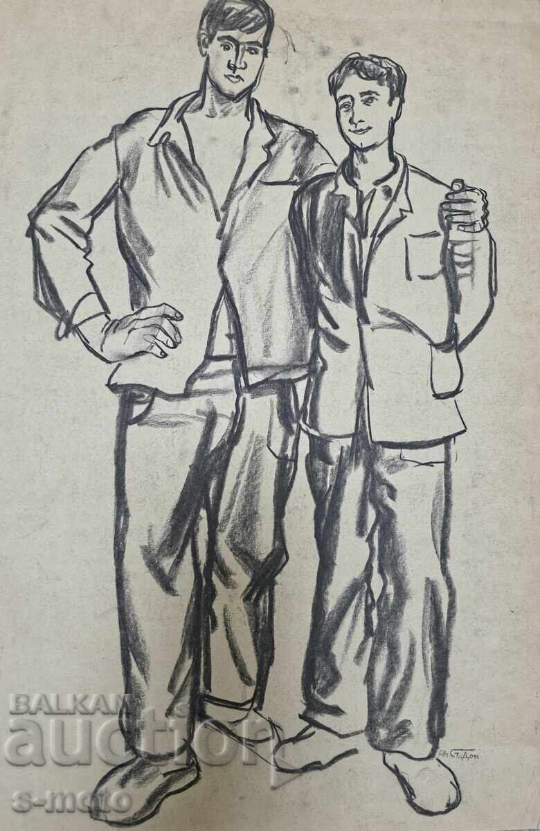 Stoian Domusciev/1935 - 2021/Portret de muncitori creion 1968