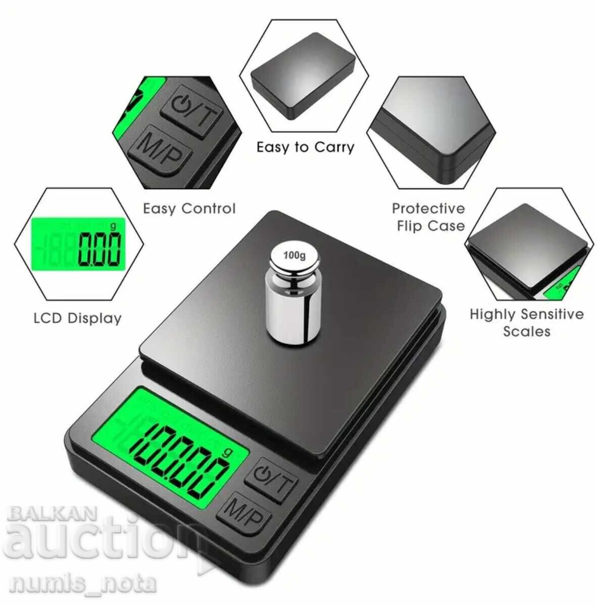 Licitație Mini cântar de buzunar digital 0.01 - 500 gr. + baterie