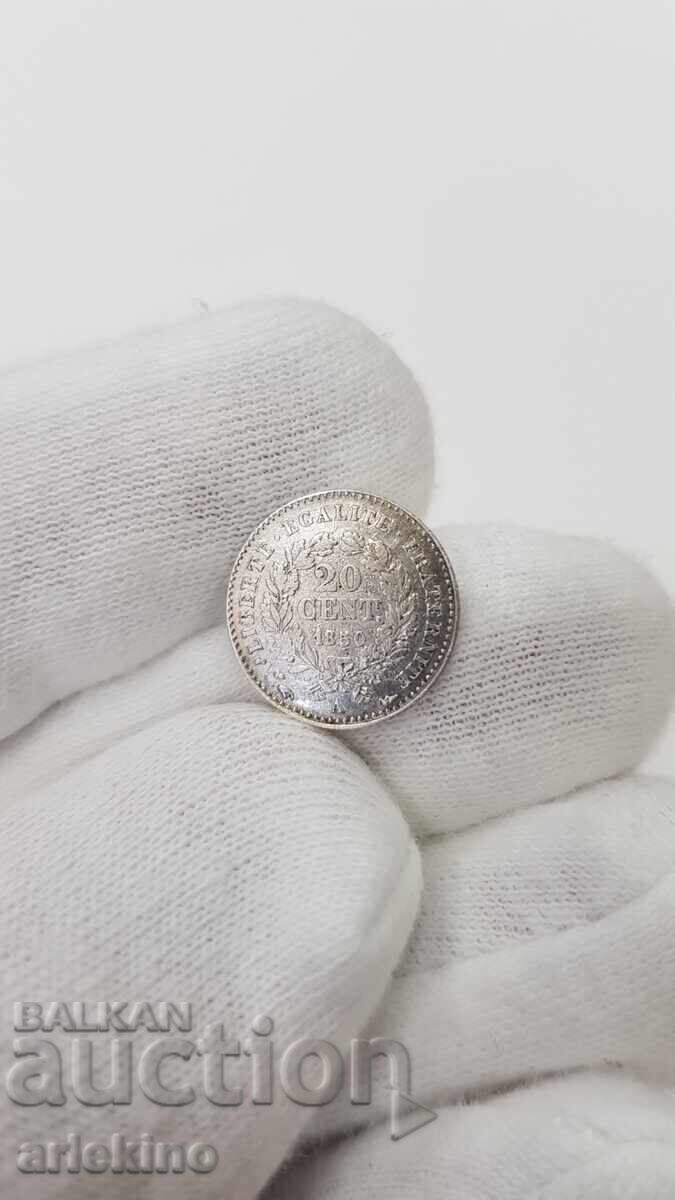 Σπάνιο γαλλικό ασημένιο νόμισμα 20 λεπτών 1850 Α - Δήμητρα
