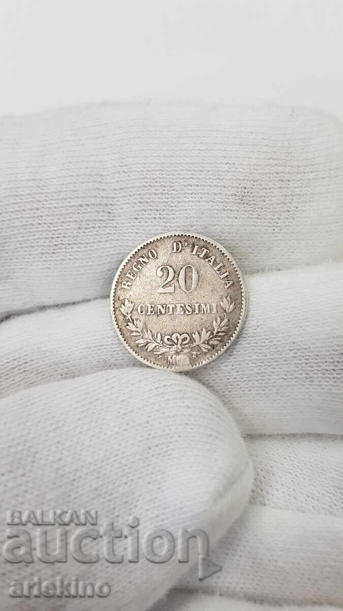 Рядка сребърна италианска монета 20 centisimi 1863 г. с цена 20.00 лв. | € 10.23