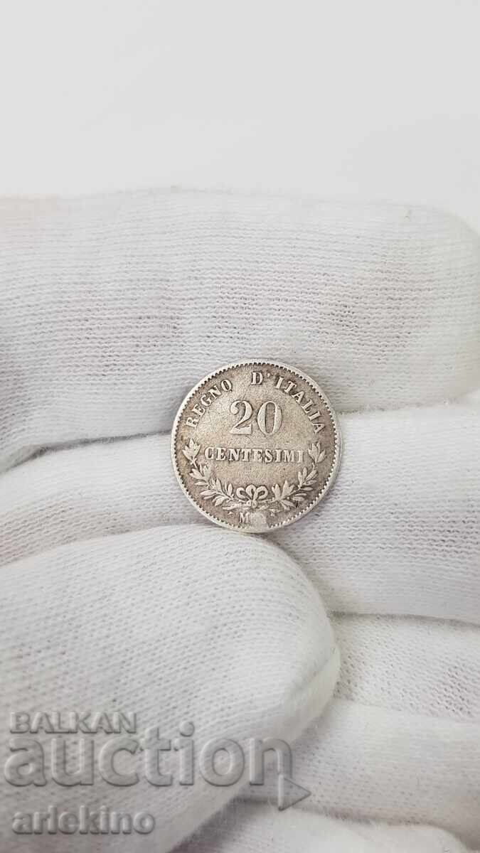 Аукцион Рядка сребърна италианска монета 20 centisimi 1863 г.