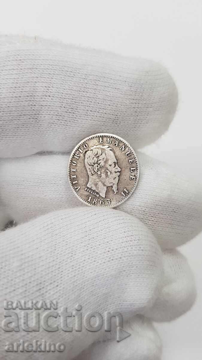 Рядка сребърна италианска монета 20 centisimi 1863 г. - 5