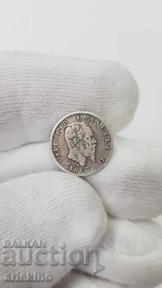 Рядка сребърна италианска монета 20 centisimi 1863 г.