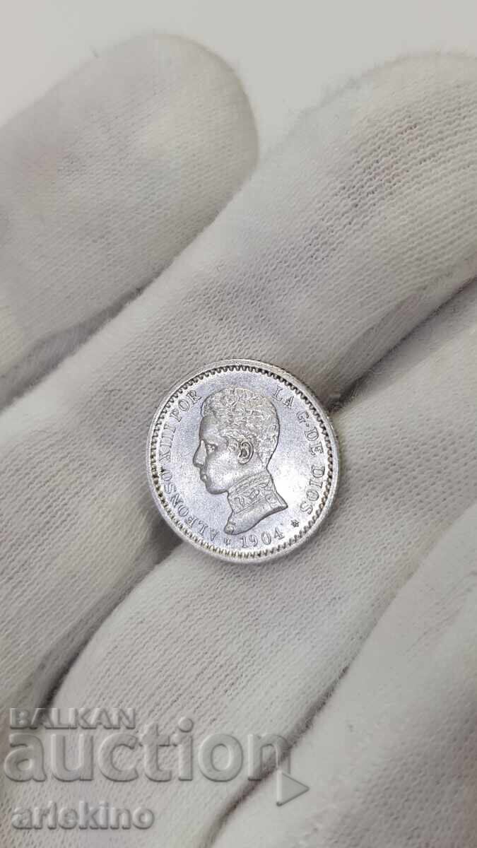 Σπάνιο ασημένιο ισπανικό νόμισμα 50 cent 1904 Alfonso XIII με τιμή 30.00 BGN | € 15.34