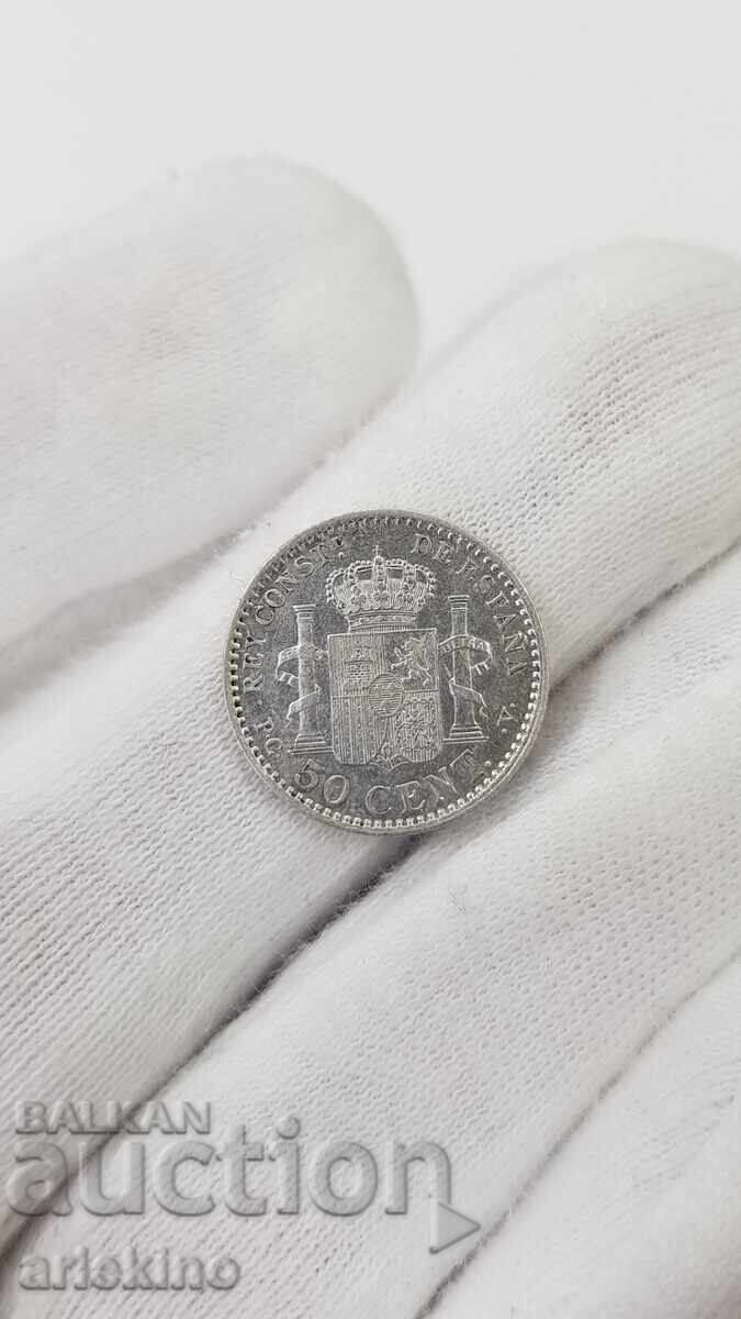 Παράδοση Σπάνιο ασημένιο ισπανικό νόμισμα 50 cent 1904 Alfonso XIII