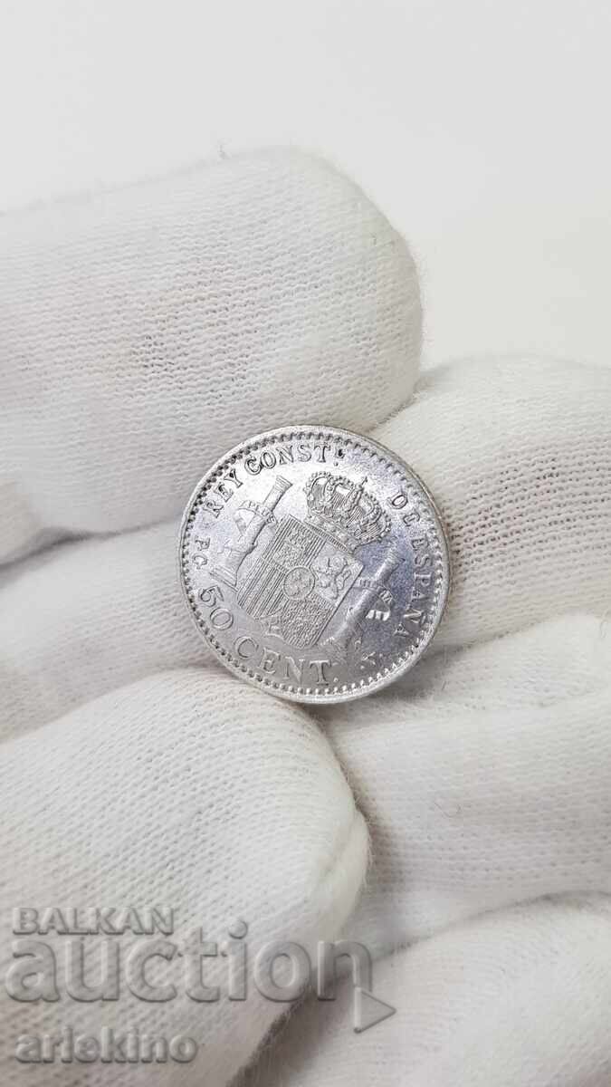 Σπάνιο ασημένιο ισπανικό νόμισμα 50 cent 1904 Alfonso XIII